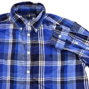 Ralph Lauren Boys Button Down Shirt‎ Plaid Blue Long Sleeve Youth L (14-16)